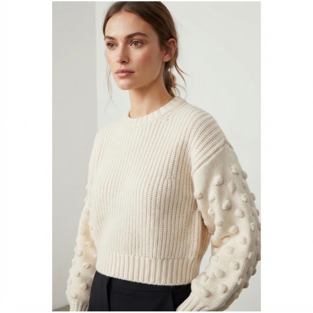 Moon & Madison Sweater Womens XS Ivory Popcorn Sleeve Cropped Knit Pullover